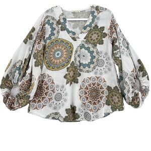 Camille & Co Top Women L Multicolor Medallion‎ Peasant Boho Made in Italy